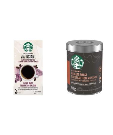 Starbucks Via Instant Italian Roast Dark Roast Coffee 8 Count & Medium Roast Premium Instant Coffee 90 g