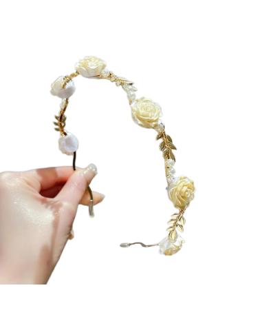 JSGHGDF Temperament Flocking Rose Shape with White Decors Unique Hair Hoop Bride Woman Wedding Party Headwear White Rose