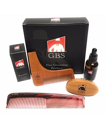 GBS Premium Men's Beard Styling and Shaping Set- Comes with Oval Boar Bristle Beard Brush Unscented Beard Oil Wood Shaping Template with 7" Dressing Hair Comb - Great Gift Pack 1