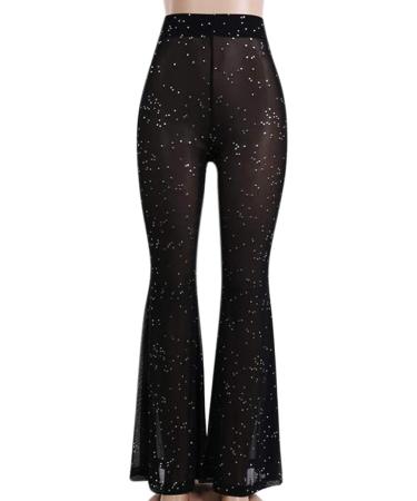 Women's Mesh Sheer Flared Bell Bottom Pants - Medium Black | Dance Festival Clubwear - Buy Online on SooperMarket.com