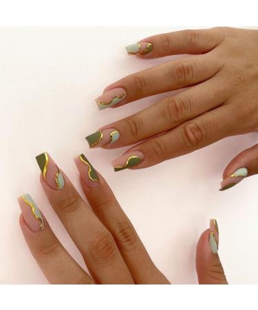 KXAMELIE Matte Press on Nails - Green Swirl Gold Lines Coffin Fake Nails (24 PCS) | Unique Nail Art for Women - Buy Online on SooperMarket.com