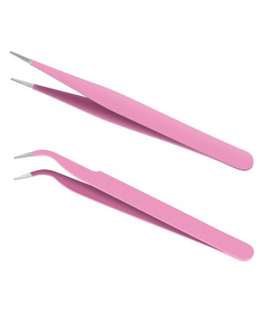 Ainiv 2Pcs Straight Curved Tweezers Lash Tweezers Stainless Steel Pointed Tweezers Kit Sticker Tweezers Craft Tweezers for Eyelash Extensions DIY Crafts Nail Art Jewelry Making (Pink) #4 2PCS Pink