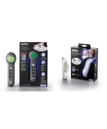 Braun No touch + touch forehead thermometer with Age Precision Technology & Healthcare ThermoScan 7 Ear thermometer with Age Precision (accurate convenient temperature screening) BNT400 - Black + thermometer