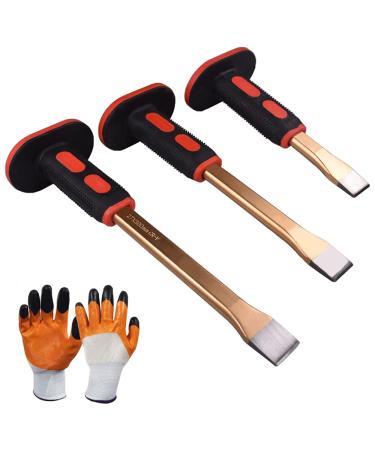 Generic  3 piecesmasonry chisel  Heavy Duty Flat Chisel with Hand Protection  Flat Head  Demolishing/Masonry/Carving/Concrete Breaker Chisels with Bi-Material Hand Guard+ A pair of gloves  Yellow-1