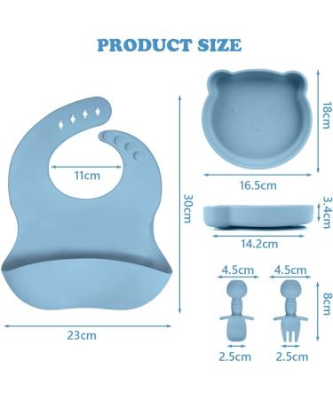 Vicloon Baby Weaning Set - 4 Pcs Silicone Feeding Set | BPA Free Suction Plate, Bib, Spoon, and Fork | Toddlers and Kids Plates | Blue Bear Sucker | Gift for Kids - Buy Online on SooperMarket.com