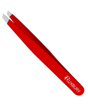 Ruxbury Tweezers Professional Slanted Tweezer for Facial Hair Women & Men Stainless Steel Silver Color Precision Tweezers for Ingrown Hair Tweezers with Blister Packaging (Red)