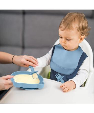 Vicloon Baby Weaning Set - 4 Pcs Silicone Feeding Set | BPA Free Suction Plate, Bib, Spoon, and Fork | Toddlers and Kids Plates | Blue Bear Sucker | Gift for Kids - Buy Online on SooperMarket.com