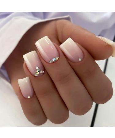 24 Pcs Pink Press on Nail Square Short Bling Glam Flash Diamond Crystal Glossy Fake Nails Glitter Rhinestones Gems False Nails Glue on for Women and Girl Y rhinestone square