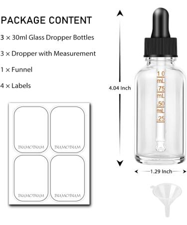 Bumobum 1 oz Clear Glass Eye Dropper Bottles for Essential Oils - 3 Pack with Labels and Funnel - Tincture Bottle 30 ml - Measured Dropper Included - Buy Online on SooperMarket.com