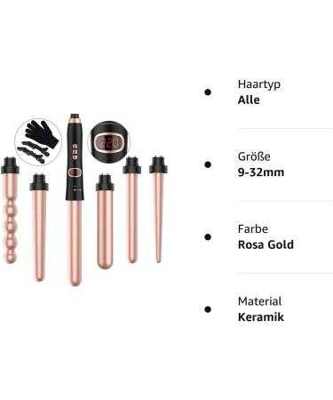 Bestope Pro 6 in 1 Curling Iron Set - Versatile Lockenstab with Attachments Ceramic Curling Wand for Perfect Curls Pink Gold 9-32mm International Shipping Available - Buy Online on SooperMarket.com