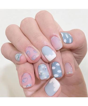 diduikalor Press on Nails Short Cloud Fake Nails Blue Acrylic Glue on Nails Square False Nails Artificial Stick on Static Nails for Women 24Pcs JP2118
