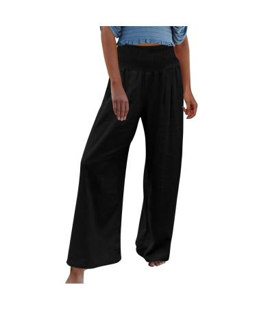 viyabling Pants for Women Beach Summer Wide Leg Linen Palazzo Pants Solid Floral Print Elastic Waisted Loose Fit Trousers Large A1-black