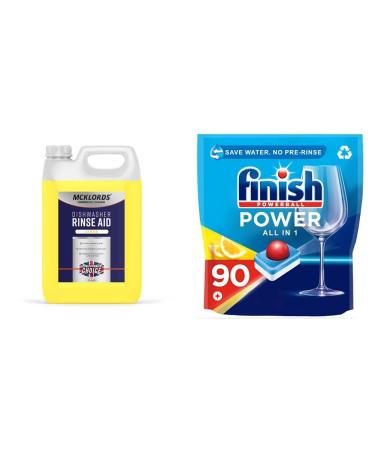 McKLords Commercial Dishwasher Rinse Aid Lemon Fragrance Yellow 5 Litre & Finish All in One Dishwasher Tablets Bulk | Scent : LEMON | Size: 90 Dishwasher Tabs |For Everyday Clean and Shine Yellow 5 Litre + Dishwasher Tablets Bulk