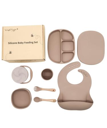 Baby Feeding Set | Plate Bowl bib Spoon Fork Cup Snack Pot | Weaning Set for Babies Toddler Boys and Girls | Silicone and Wood Materials (Khaki)