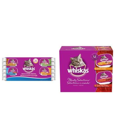 WHISKAS Salmon and Poultry Selections + WHISKAS Meaty Selections Adult Wet Cat Food Pat (36 Pack) Wet Cat Food + Wet Cat Food 12x100g Salmon & Poultry Selections 100 g (Pack of 24)