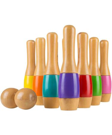 Lawn Bowling Game/Skittle Ball- Indoor and Outdoor Fun for Toddlers, Kids, Adults 10 Wooden Pins, 2 Balls, and Mesh Bag Set by Hey! Play! (9.5 Inch)