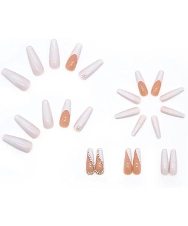 White French Fake Nails with Rhinestones and Sequins | Long Stick on False Nails Art Kit - Buy Online on SooperMarket.com