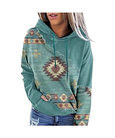 Womens Western Hoodies Pullover Long Sleeve Horse Aztec Sweatshirt Ethnic Vintage Casual Hooded Tops with Pocket Ab25 Green Small