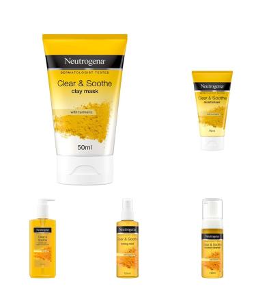 Neutrogena Clear & Soothe 5-Step Skincare Bundle Set | With Tumeric | For Spot-Prone Skin | Make-Up Remover Mask Cleanser Moisturiser Mist 5 Piece set 5-Step Regime Bundle