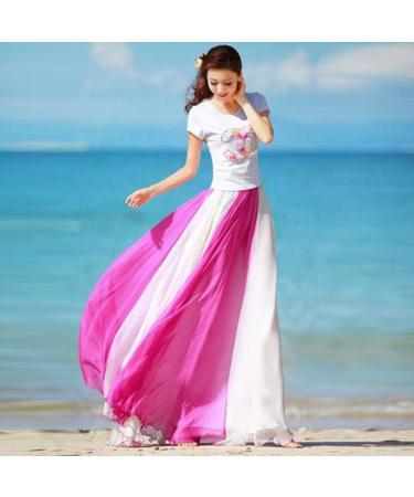 Sanahy Women's Gradient Chiffon Maxi Skirt - Hot Pink | Full/Ankle Length, Elastic Pleated Retro Style - Buy Online on SooperMarket.com