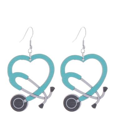 Medical Theme Earrings Love Heart Stethoscope Pill Syringe Medical Red Cross Nurse Cap Earrings Nurse's Day Gifts for Doctors Nurses Medical Students Wood Peacock Blue