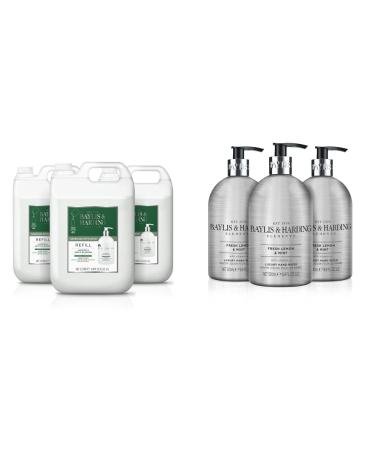 Baylis & Harding Jasmine & Apple Blossom Anti-Bacterial Hand Wash 2 litre Refill Pack of 3 (total 6 litres) - Vegan Friendly & Elements Lemon & Mint Luxury Hand Wash 500ml Pack of 3 - Vegan Friendly