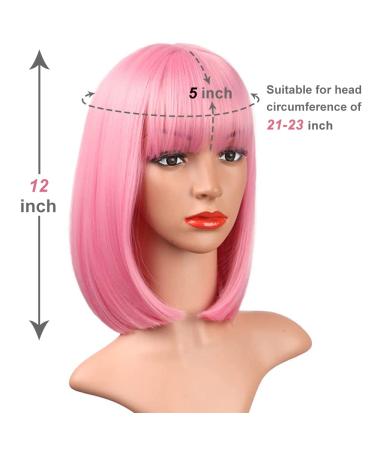 AISI BEAUTY 12 Inch Pink Bob Wig with Bangs - Short Straight Synthetic Cosplay Party Wig for Women - Buy Online on SooperMarket.com