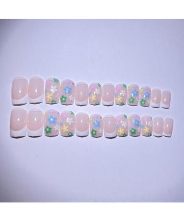 White French Multicolor Flowers Press on Nails - Coffin Stick on Nails Nails Tips Full Cover Fake Nails Glossy Nails for Women Girls DIY Nail Manicure 24 PCS False Nails 01 - Buy Online on SooperMarket.com