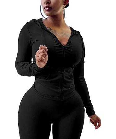 PINSV Women's Two Piece Workout Set - Bodycon Tracksuit with Zip Up Hoodie and Jogger Sweat Pants in Black - Size X-Large - Buy Online on SooperMarket.com