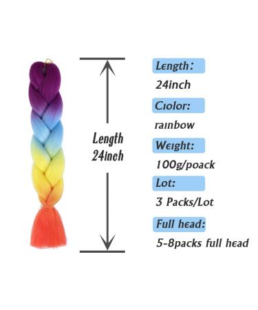 Ombre Rainbow Braiding Hair Extensions 24 Inch - 3 Pack Synthetic Jumbo Braiding Hair for Women - Purple/Blue/Yellow/Orange - High Temperature Twist Crochet Braids - Buy Online on SooperMarket.com