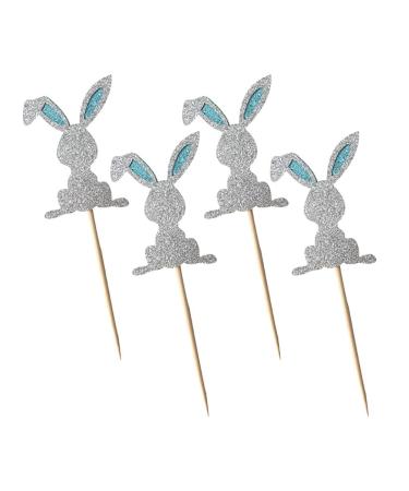 4 Pcs Bunny Cupcake Toppers Rabbit Cake Toppers Birthday Party Easter Cake Decoration (Silver) LM