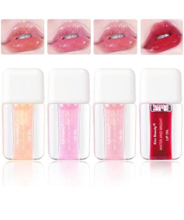 4 PCS Fruit Shimmer Plumping Lip Oil  Korean Lip Gloss Moisturizing Lip Tint Transparent Lip Care Tinted Lip Balm  Non-sticky  Long LAsting Nourishing Glitter Lip Glow Oil Lip Skin Care Product (4Pcs/Set)