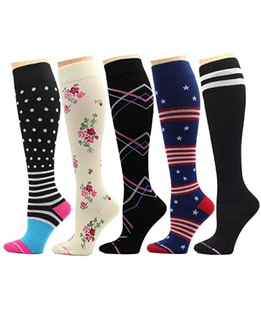Dr. Motion Compression Socks For Men & Women BEST Graduated Athletic Fit For Walking, Hiking, Running, Nurses 5 Pairs Women Multi #6