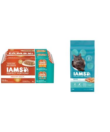 IAMS Wet Cat Food P t and Dry Food Bundle | Grain Free Chicken Tuna and Indoor Weight Control Cat Food + Dry Cat Food 3.18kg Chicken and Tuna 75 g (Pack of 12)