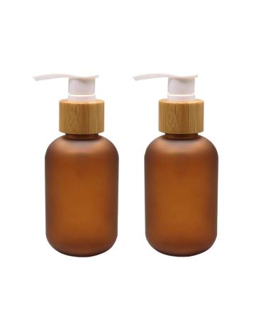 2 Pcs 4oz/120ml Amber Plastic Pump Bottles with Bamboo Pump Dispensers Empty Refillable Lotion Pump Cosmetic Storage Container Jars for Shampoo Shower Gel Toiletries Hair-Conditioner
