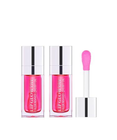JISKG 2 PCS Plumping Lip Oil Hydrating Lip Gloss Oil Long Lasting Nourishing Transparent Lip Care Oil Non-Sticky Big Brush Glitter Shine Primer Lip Tint (007 - Raspberry)