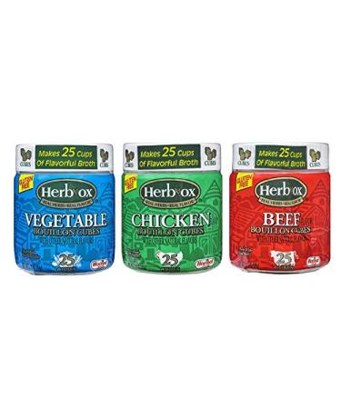 Herb-Ox Bouillon Bundle, Vegetable, Chicken, and Beef Bouillon Cubes- 25 Ct of Each 3.25 Oz with Spice of Life Mini Bamboo Spatula