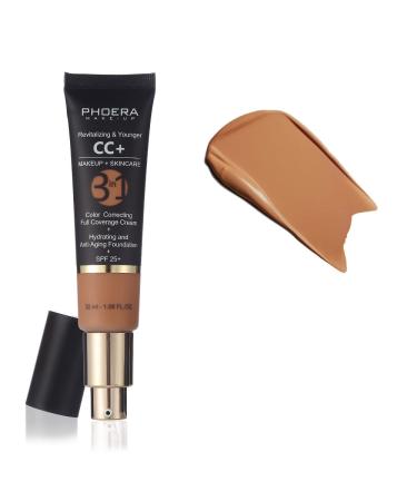 PHOERA Anti-Aging Color Correcting Full Coverage Cream Foundation SPF 25+ Revitalizing & Younger infused Concealer with Vitamins For dark circles acne scars wrinkles & redness. (180 Tan) 32 ml (Pack of 1) 180 Tan