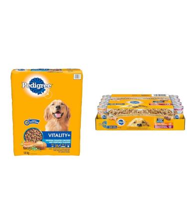 PEDIGREE Vitality+ Adult Dry Dog Food Roasted Chicken and Vegetable Flavour 14kg Bag & Chopped Adult Wet Dog Food Ground Dinner Chicken and Filet Mignon 375g Can (24 Pack)