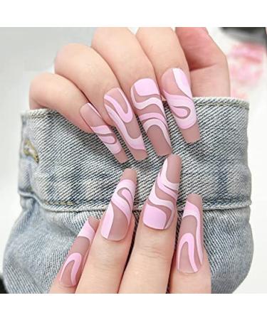 Vatocu Long Pink Matte Coffin Press-On Nails | 24pcs Acrylic Glue-On False Nails for Women & Girls - International Shipping Available - Buy Online on SooperMarket.com