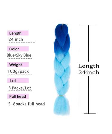 Jumbo Ombre Braiding Hair 3 Pack 24 Inch Synthetic Crochet Braids - Blue/Sky Blue - Buy Online on SooperMarket.com