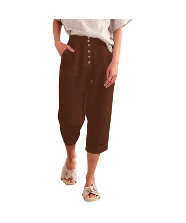 Gufesf Linen Pants for Women Plus Size Capris Pants Cotton Linen Wide Leg Casual Summer Comfy Loose Crop Pants Pockets E2-b-coffee Small