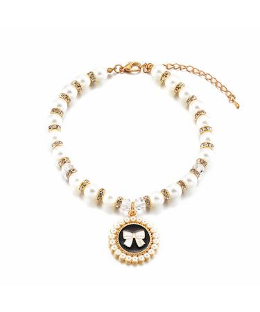 RayMinsino Pet Jewelry Cat Rhinestone Pearl Necklace Crystal Bow Tie Tag Pendant Pet Accessories L Black