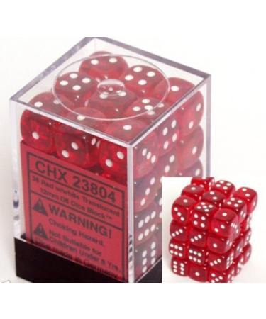 Chessex Dice d6 Sets: Red with White Translucent - 12mm Six Sided Die (36) Block of Dice
