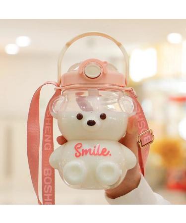 Xigugo Kawaii Bear Straw Bottle Cute Water Bottles with Adjustable & Removable Shoulder Strap  Large capacity Straw Bottle for Outdoor and School Activities (pink 32oz)
