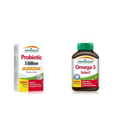 Jamieson Probiotics 5 Billion Active Cells - Regular Strength & Omega-3 Select 1 000 mg 5 Billion+ Omega-3 200 Count (Pack of 1)