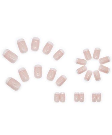 24PCS Glossy French Tip Press-On Acrylic Nails Set - Nude Pink Short Coffin Style with Glue | Full Cover Stick-On False Nails for Women and Girls - Buy Online on SooperMarket.com