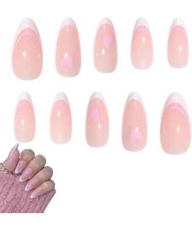 24Pcs French False Nails White Tip - Medium Length Almond Pink Press on Nails with Ballet Heart Design - Buy Online on SooperMarket.com
