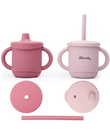 Dilovely Silicone Sippy Cup for Toddler Transition Straw Cups for baby 12 months + 3 in 1 Training Sippy Cups for Babies with Two Handles 2 Pack Dishwasher & Microwave Safe BPA Free 7oz Pink Rose Lilac