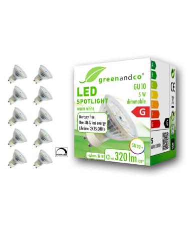 Greenandco 10x CRI 90+ GU10 LED spot dimmable 5W 320 LM 110 3000K warm white 230V flicker -free 2 year guarantee 5W 3000K 110 Dimmable 10 pieces (1 Pack)